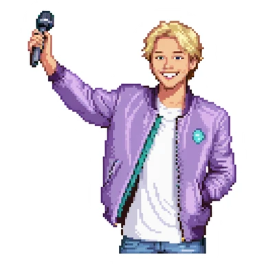Pixel art style, expressive male performer, Caucasian features, short sandy blonde hair, lively eyes, wide cheerful smile, wearing a violet jacket over white tee, tossing a microphone in one hand, waist-up, front-facing sticker