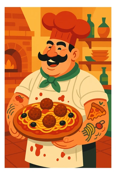 A tall, burly Italian chef with a thick black mustache and a big red chef hat, wearing a white apron stained with tomato sauce. He’s holding an oversized, loaded pizza topped with spaghetti, meatballs, and olives. His tattooed arms show pizza and pasta motifs. Colorful and cartoonish style with exaggerated features and a lively Italian kitchen background. sticker