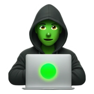 a man wearing a black hoodie behind a laptop screen projecting green light on him sticker