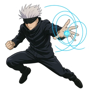 Gojo with his signature blindfold, using infinity technique, dynamic action pose, anime style sticker