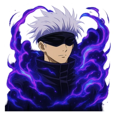 Add Hollow Purple effect with swirling purple and blue energy around Gojo Satoru, keeping his serious expression, in anime style, no background. sticker
