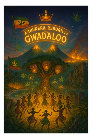 Create a powerful, surreal vision of the Caribbean island Guadeloupe, reimagined as ‘Gwadaloo’ — its sacred, sovereign identity restored. The island is lush, tropical, and volcanic, with two green volcanoes glowing golden at the peaks. In the center stands a giant mystical Drum Tree, its branches bearing carved drums instead of fruit, glowing with rhythmic light. Ancestral spirits of African and indigenous lineage dance in a circle around the tree, surrounded by floating ganja leaves and sacred symbols. Sugarcane fields burn gently in the background, symbolizing the end of colonial suffering. Ruins of colonial buildings crumble into the earth, reclaimed by vines and jungle. Above the island, a glowing banner in the sky reads: ‘Karukera reborn as Gwadaloo.’ A ganja-leaf flag waves high in red, green, and gold, and a golden Creole crown floats in the sky above the island — not worn by any man, but held in rhythm. The ocean is turquoise, the light is divine, and the entire scene radiates spiritual victory, cultural remembrance, and cosmic rhythm. Use a warm, cinematic palette of golds, greens, blues, and purples. Style should feel epic, sacred, and symbolic — a rebirth of Caribbean power. sticker