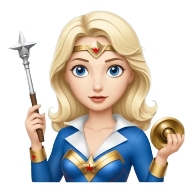 Blonde blue eyes Wonder Woman holding bell and short white orchestra conductor’s baton  sticker
