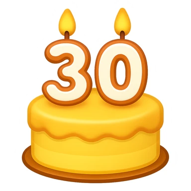 Convert this simple, clean birthday cake with a candle shaped as the number 30 into an emoji style. Keep the candle shape clear and maintain a transparent background. The style should resemble classic emoji aesthetics with bold colors and simple shapes. sticker