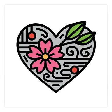 Make the silver accents and details absolutely dominant and overwhelming on the heart with sakura, color outline icon style. No background. sticker