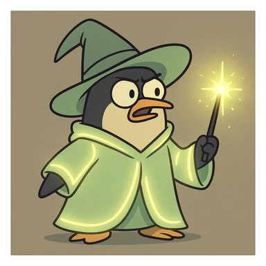 a cartoon penguin wizard casting a spell with a glowing wand and robe sticker