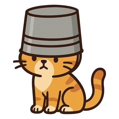 flat toon style cute cat sitting with a large bucket stuck on its head sticker