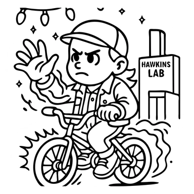 Transform the image into a black and white line art style, ideal for coloring. Keep all details of the Stranger Things character, bicycle, Eleven's powers, Christmas lights, and Hawkins laboratory, but remove all color, leaving only sharp black and white line strokes. sticker