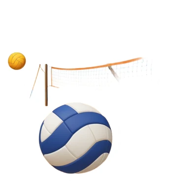 The scene captures an orange sand, sunny sea beach with clear blue sea and sky, palm trees swaying. A volleyball resting on the orange sand ground of a beach, with a volleyball net in the background.  sticker