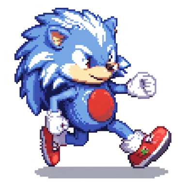 blue hedgehog with red shoes and white gloves, mid-run in a colorful Green Hill Zone with golden rings and motion lines, confident expression sticker