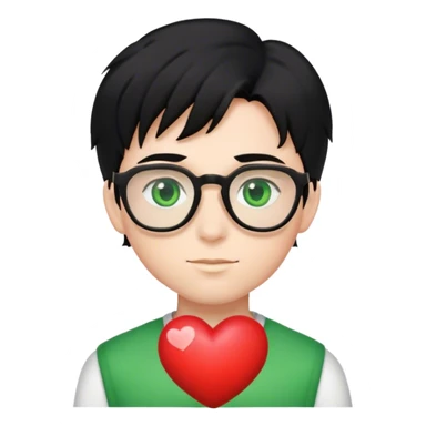 boy with black hair green eyes and glasses with a love heart  sticker