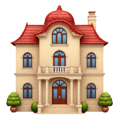 Apple-style 3D emoji of a large traditional mansion, with multiple windows, a big entrance door, red tiled roof, cream-colored walls, decorative balcony details, cartoonish but elegant design, no background. sticker