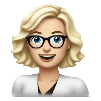 Real margot robbie,  bright blue eyes, wearing black glasses and waving hand sticker