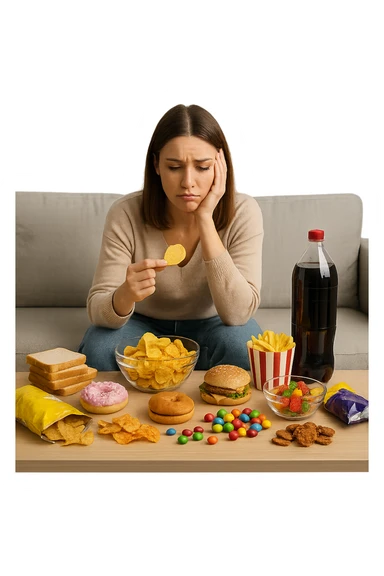 Donna tra i 25 e i 35 anni seduta sul divano o a un tavolo disordinato, circondata da cibi sparsi e poco sani: patatine, dolci, pane bianco, snack confezionati, bibite.  sticker