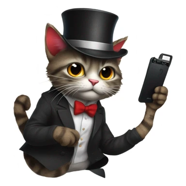 Cat with a top hat wearing a suit and tie and black ripped jeans with a fluffy tail and sharp claws and fingerless gloves while holding a red phone sticker