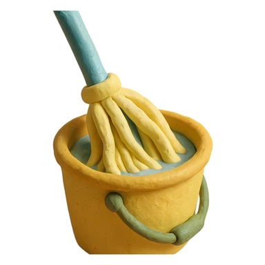 close-up of mop wringing out in a bucket, soft lighting, pastel colors, claymation style sticker