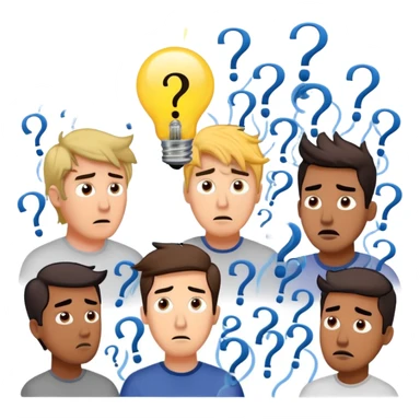 Group of men with chaotic minds, swirling tornadoes of tangled thoughts around their heads, containing question marks, light bulbs, and scribbles. The men have bewildered, overwhelmed expressions. sticker