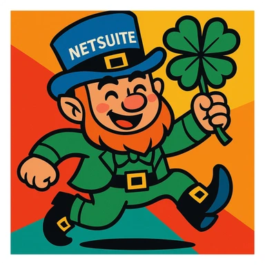 cartoon leprechaun with a blue hat that has the word 'NetSuite' on it, vibrant, playful style sticker