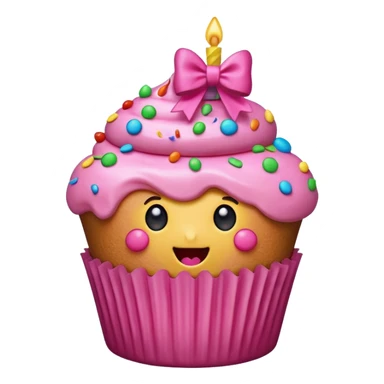 hyper realistic emoji of a bitten cupcake with pink frosting and a small gift bow on top, bitten part showing colorful sprinkles and a surprise inside, clean colorful emoji-style design sticker