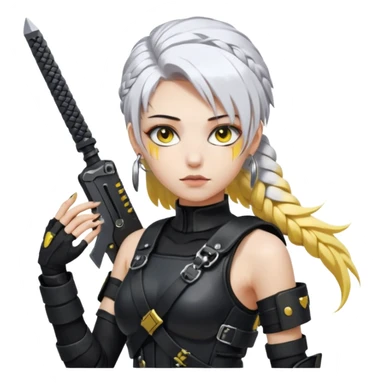  a closeup portrait of young woman with gold yellow eyes, white hair, long braid, black off-shoulder top d-cup, punk gothic style, futuristic cyberwave cyberpunk,  she has a plate carrier armor vest , and a old-style steel bulletproof combat helmet.  holding up a DAYZ combat knife sticker