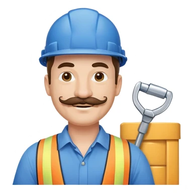 Construction owner, well dressed, blue shirt, mustache, happy sticker