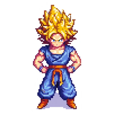 Goku Super Saiyan, golden spiky hair, fierce expression, battle stance, pixel art style sticker