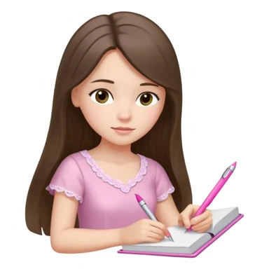 pretty white brunette teen long hair with hazel eyes in a light pink dress writing in a notebook with a pink pen sticker