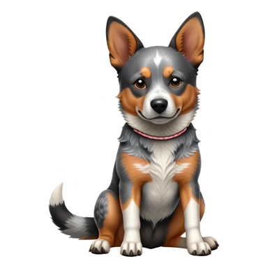 cinematic-[australian catle dog]-realistic-full-body-sitting-emoji,-tail-resting-loosely-beside-its-paws,-head-tilted-dramatically,-sleek-[australian cattle dog]-fur,-simplified-yet-realistic-focused-features,-highly-detailed,-glowing-with-an-almost-sarcastic-glow sticker