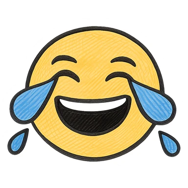 Create a cry-laughing emoji with large blue tears streaming from the eyes in hand drawn doodle style. The emoji should have no background and keep the original hand drawn doodle style look. sticker