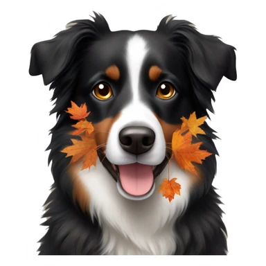 Small black australian shepherd dog wearing autumn leaves sticker