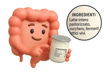 EMOJI STILE IPHONE 3D DI UN INTESTINO CHE HA IN MANO UN BARATTOLO DI YOGURT CONFEZIONATO DA SUPERMERCATO E LEGGE L'ETICHETTA NUTRIZIONALE CON GLI INGREDIENTI IN ITALIANO, ACCANTO ALLO YOGURT CHE HA IN MANO C'è UN FOCUS SULL'ETICHETTA CON GLI INGREDIENTI SCRITTI sticker