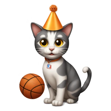 cat playing basketball wearing a birthday hat sticker