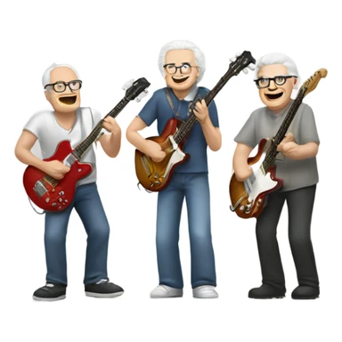 Three white senior musicians jamming one on guitar one on bass and one on cowbell sticker