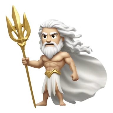 white man Poseidon with gold Trident. long white hair white dress. show biceps sticker
