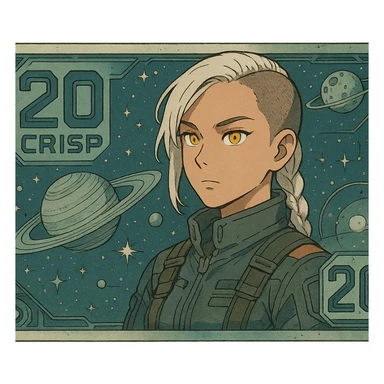 a banknote bill. full frame close up of a "20 crisp" banknote. futuristic, cyberpunk. stellar and planetary style designs adorn the bill. the face pictures is a woman in her 20's, gold yellow eyes, white hair in a single long braid, side of head shaved. she wears a military flight bdu. the final design shape is a 2:1 rectangle sticker