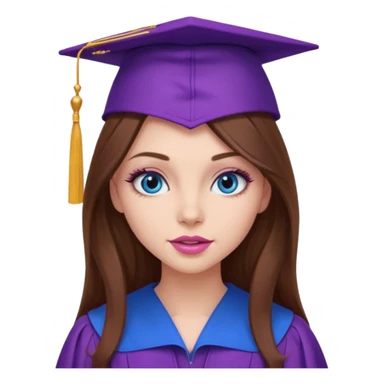 girl with gorgeous long brown hair, blue eyes, long lashes makeup, sexy pink lips, wearing a purple graduation cap and gown sticker