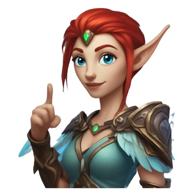Night Elf Female with red hair, angular feathers, glowing blue eyes with no iris or sclera, thumbs up sticker