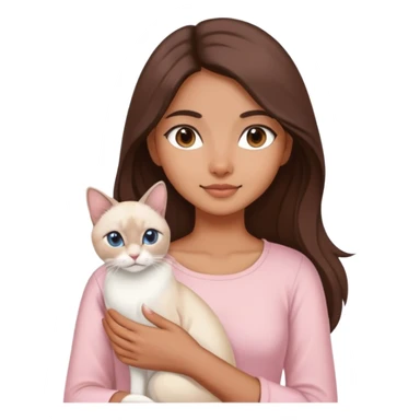 a north-east indian girl with long brown hair wearing a soft pink top holding a white siamese cat sticker