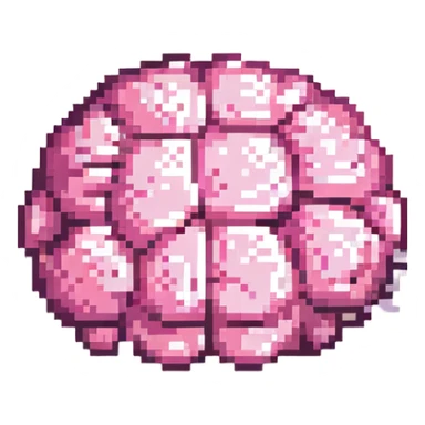 16-bit pixel art of a pink brain-shaped blob, smooth rounded brain texture, simple retro gaming style sticker