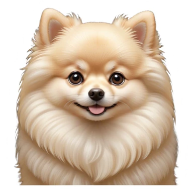 Cinematic Cute Cream Pomeranian Portrait Emoji, Head tilted playfully and inquisitively, featuring a luxurious, fluffy cream Fur with a natural sheen, round, sparkling dark eyes filled with curiosity, Simplified yet irresistibly adorable features, highly detailed, glowing with a warm, friendly glow, high shine, affectionate and lively, stylized with a touch of whimsy, bright and endearing, soft glowing outline, capturing the essence of a mischievous yet loving pup, so playful it feels like it could scamper out of the screen and into your arms! sticker
