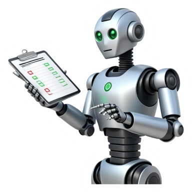 robot upper bodies checking another robot's work with a checklist and a green checkbox sticker