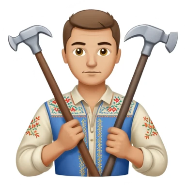 Ukrainian man wearing traditional embroidered vyshyvanka shirt holding construction tools like hammer and wrench sticker