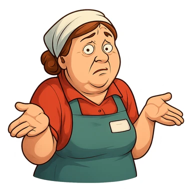 В позе этого мема сгенерируй типичную российскую продавшицу в продуктовом магазине, которая недоуменно разводит руками, слегка рисованный, но при этом объемный стиль, прозрачный фон sticker