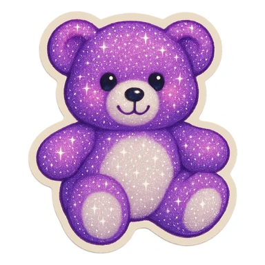 Add a glitter effect to the purple and white teddy bear's fur, keep it soft and plush, no shadows, flat lighting, no background. sticker