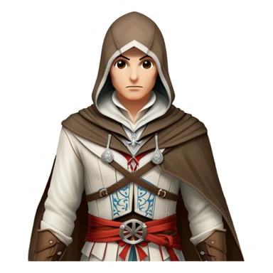 icon featuring Assasin's Creed in an iconic assassin's hood, standing tall against the backdrop of Florence. The design captures the essence of adventure, with intricate details of historical architecture and a sense of mystery. The character is poised, ready for action. transparent background. sticker