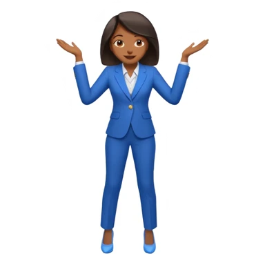 black woman in a blue smart suit and shoes, standing with hands by her side, cheerful expression, emoji style sticker
