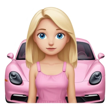 Blonde girl with blue eyes sitting infront of a pink porsche taycan sticker