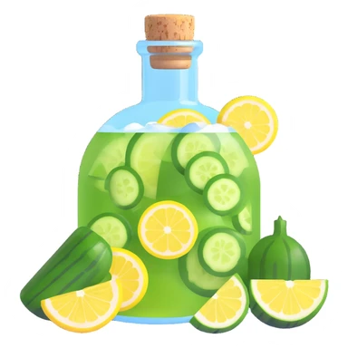 beautiful 3D cocktail in a round bottle with a very small neck and cork, liquid color #6fdef1, inside cucumber slices, lemon slices, and ice cubes, realistic, vibrant, visually appealing sticker