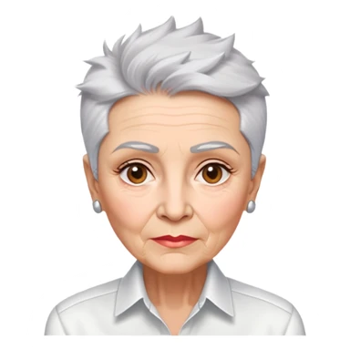 Elderly Marian Pabón with elegant facial features, light rosy complexion, expressive eyes with age lines, medium well-defined lips, sophisticated pronounced cheekbones, short spiky silver hair styled like a men's cut, dressed in a crisp white button-up shirt sticker
