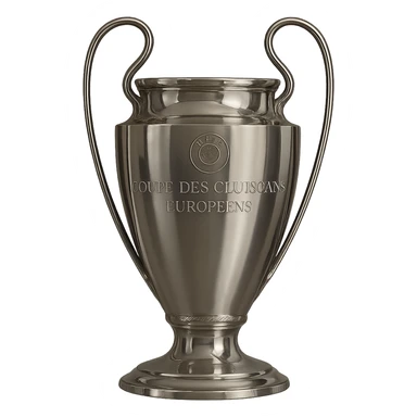 Add the UEFA logo and the text 'COUPE DES CLUBS CHAMPIONS EUROPÉENS' to the trophy, keeping the style realistic and polished. sticker